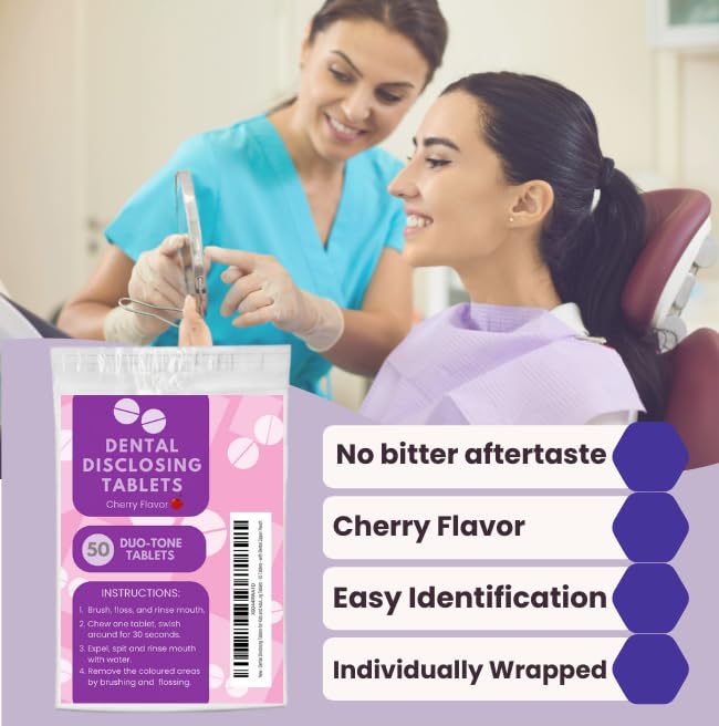 50 Tablets Dental Disclosing Tablets for Kids and Adults - Individually Wrapped Plaque Disclosing Solution - Safe & Effective Two-Tone Dental Cleaning
