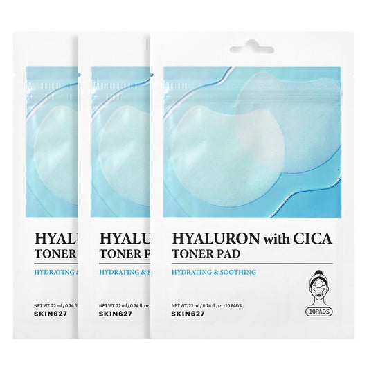 SKIN627 Hyaluron with Cica Toner Pad | Korean Facial Sheets with 6 Types of Hyaluronic Acid and Centella Asiatica | Deep Hydration and Soothing Care | 10 Pads x 3 Pack