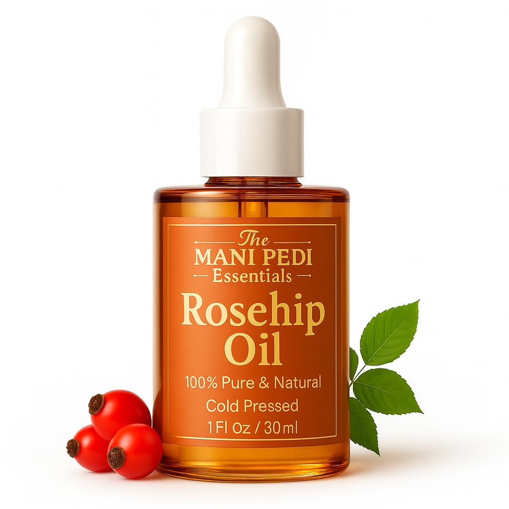 THE MANI PEDI ESSENTIALS Rosehip Oil for Face. 100% Pure, Natural, Cold-Pressed & Organic. Natural wealth of vitamins that help nourish & hydrate your skin - 1 Fl Oz