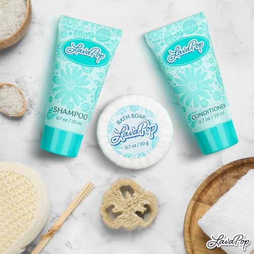 LavaPop - Hotel Soap, Shampoo & Conditioner 3-Piece Set - Iris, Violet & Amber, 0.7 oz each, 150 Pcs - Calming & Comforting Travel Size Amenities - Bulk Toiletries for Airbnb, Motels & Guest Rooms