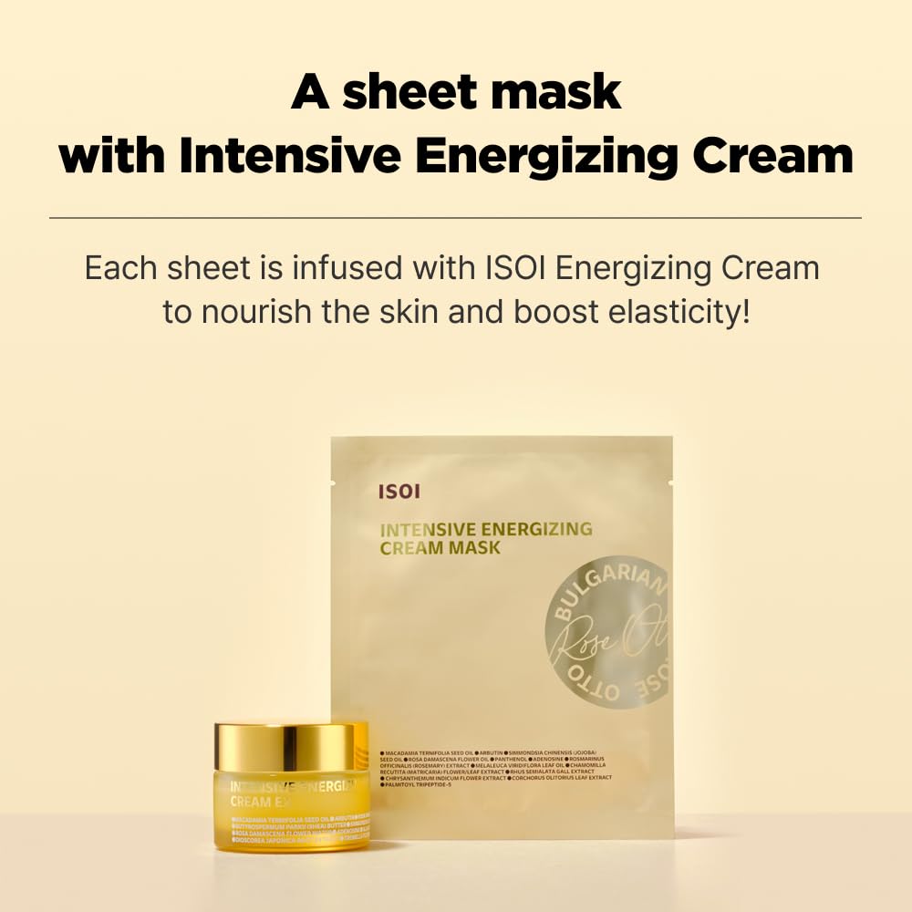ISOI Intensive Energizing Cream Premium Sheet Mask for Skin Elasticity & Firmness, Infused with High-Moisturizing & Nourishing Firming Cream, Korean Face Mask (4EA)