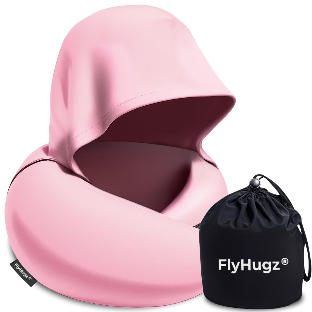 FlyHugz® 2.0 Hooded Travel Pillow – 2025 Original Release – Memory Foam Neck Pillow with Adjustable Hood & Premium Elastic Washable Cover – First Class Comfort for Flights, Road Trips & Sleep- Pink