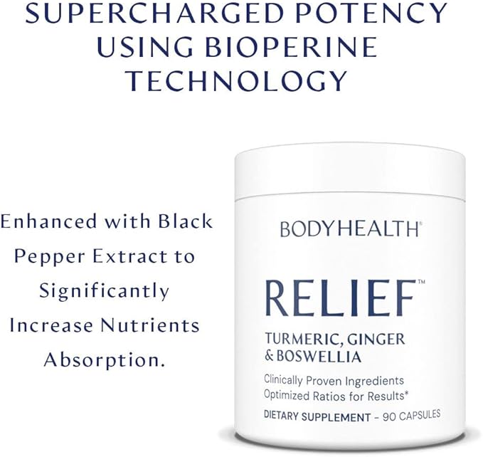 BodyHealth Inflam Relief, Joint Supplement, Relief for Back, Knees, Hands, with Turmeric, Boswellia, Ginger, All Natural, Non-GMO, Gluten Free (90 Capsules)
