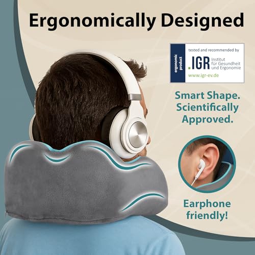 FLOWZOOM Memory Foam Travel Pillow for Airplanes & Car Rides - Adjustable Airplane Pillow with 360° Chin and Neck Support for Comfy Naps, Extra-Soft Washable Neck Pillow Cover, Squeezy Mesh Bag - Grey