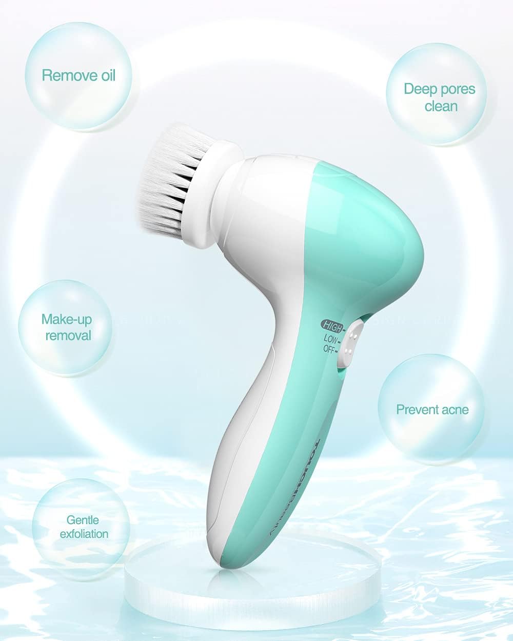 Electric Facial Cleansing Brush for Women, 3-in-1 Face Cleanser and Exfoliator Brush with 3 Brush Heads, 2 Speeds, Waterproof Spin Brush, Portable Travel Case (Green, Battery Operated)