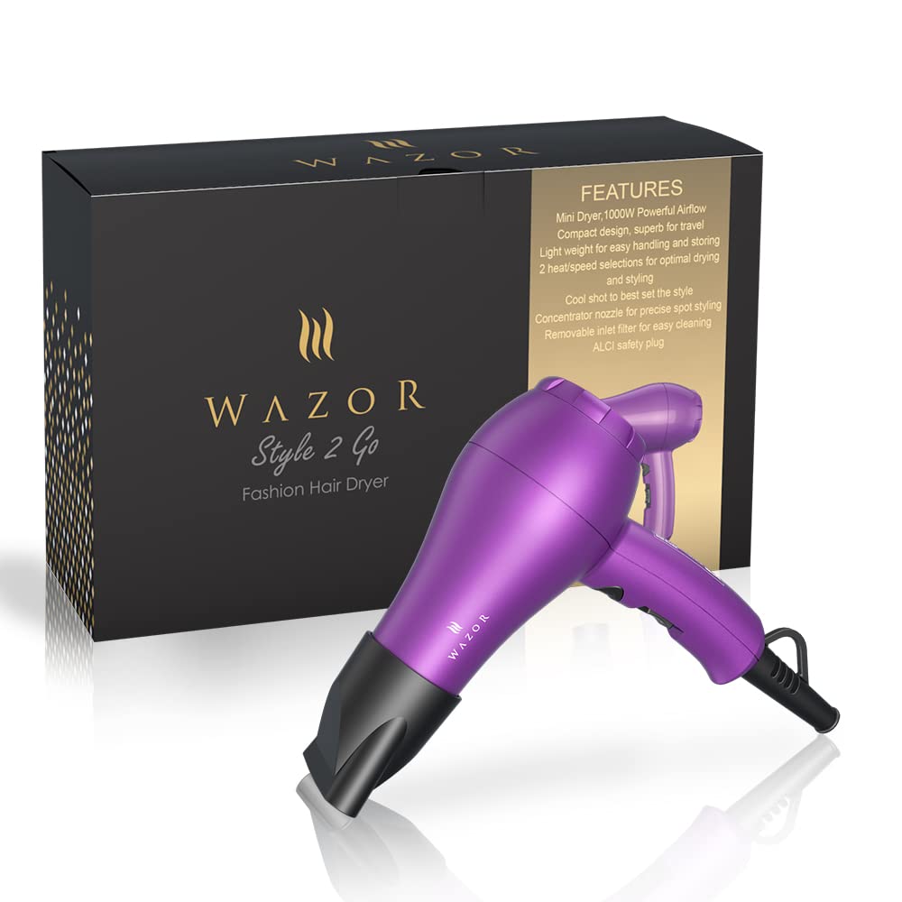 Wazor Compact 1000W Blow Dryer for Kids & Pour Painting Mini Travel Hair Dryer for RV, Ionic Lightweight Dryer with Concentrator, Cool Shot Button, Purple