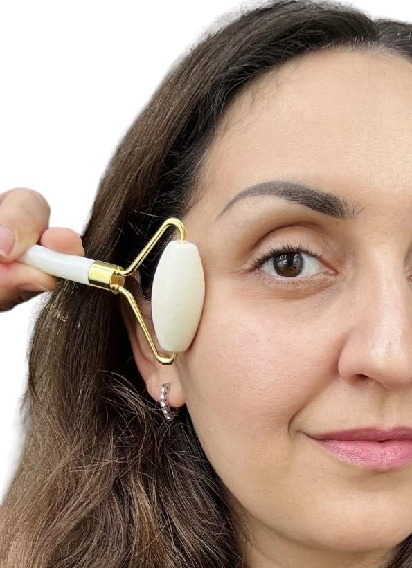 Generic Lucky LAMA White Jade Roller and Gua Sha 2 in 1 Set for Face and Body Anti Aging, Anti-Wrinkle, Reducing Puffiness and Redness Facial Tools Face Roller and Gua Sha Set for Men Women