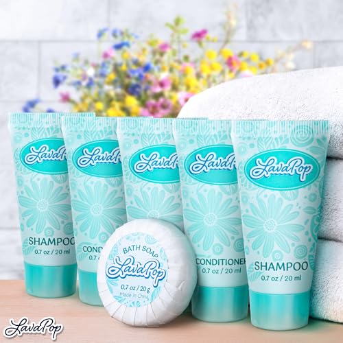 LavaPop - Hotel Soap, Shampoo & Conditioner 3-Piece Set - Iris, Violet & Amber, 0.7 oz each, 150 Pcs - Calming & Comforting Travel Size Amenities - Bulk Toiletries for Airbnb, Motels & Guest Rooms