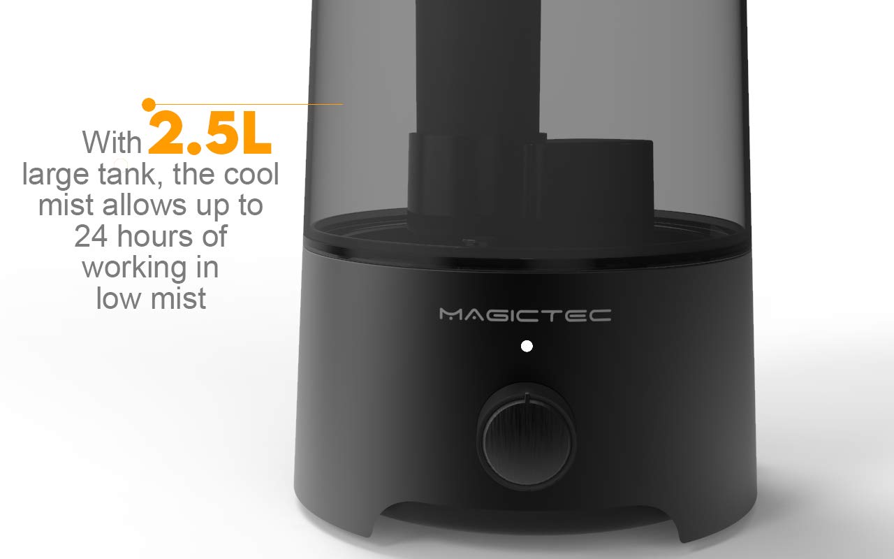Magictec Cool Mist Humidifier, 2.5L Essential Diffuser for Bedroom and Baby, Adjustable Mist Output, Auto Shut Off, Super Quiet 360 Nozzle - Lasts Up to 24 Hours, Black