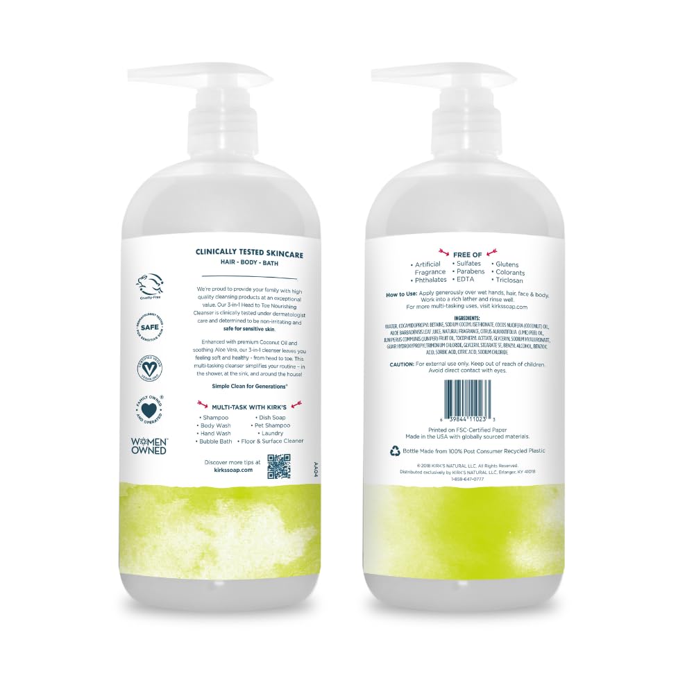 Kirk's 3-in-1 Castile Liquid Soap Travel Size Bar Soap (1.13 oz.) | Head-to-Toe Clean Shampoo, Face Soap & Body Wash for Men, Women & Children | Juniper & Lime Scent | 32 Fl Oz.