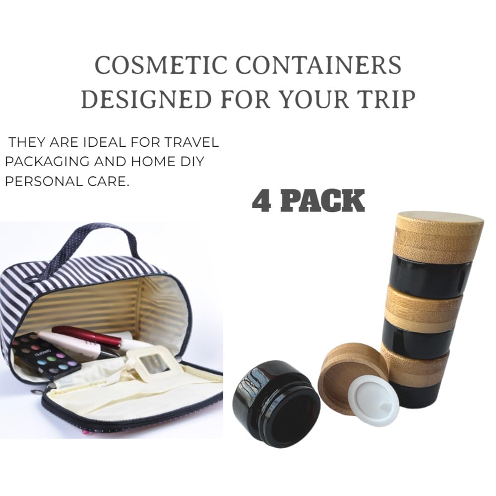 BEECO GIF2U Empty Refillable Glass Cosmetic Jar 4 Pack 5g/0.17oz with Bamboo Lids,Skin Care Travel Containers Pot Vial Holder Sample Storage for Eye Cream Lotion Ointments Lip Balm Brown