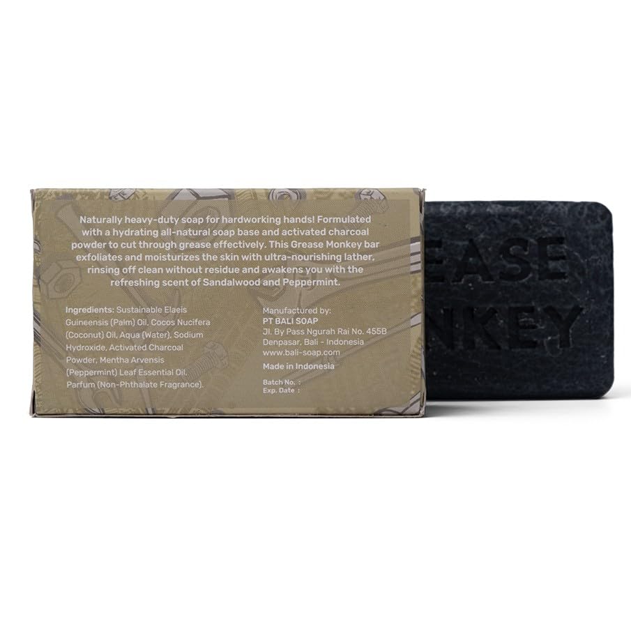 Bali Soap Grease Monkey - Natural Soap for Men, Dad, Husband - Special Father's Day Gift - Activated Charcoal Scrub for Mechanic - Cleans Dirty, Greasy Hands - Pack of 1, 7oz Bar