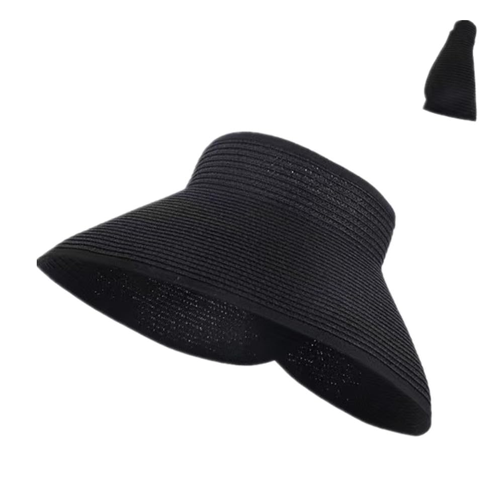 Sun Visors for Women Wide Brim Beach Hat Foldable Straw Visor Hat Ponytail Summer Packable Black
