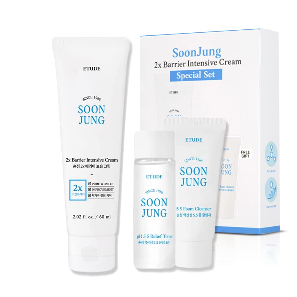 ETUDE SoonJung 2x Barrier Intense Cream Set | 2x Barrier Cream 2.02fl.oz + Ph 5.5 Relief Toner 0.85 Fl.oz. + Foam Cleanser 0.68 Fl.oz. | Oil & Water Balance, Korean Skin Care