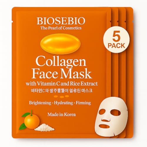 Korean Collagen Face Mask with Vitamin C & Rice Extract - BIOSEBIO Hyaluronic Acid Sheet Masks for Glowing Radiant Skin - Deep Hydrating, Moisturizing & Anti-Aging Facial Skincare for Women - 5 Pack