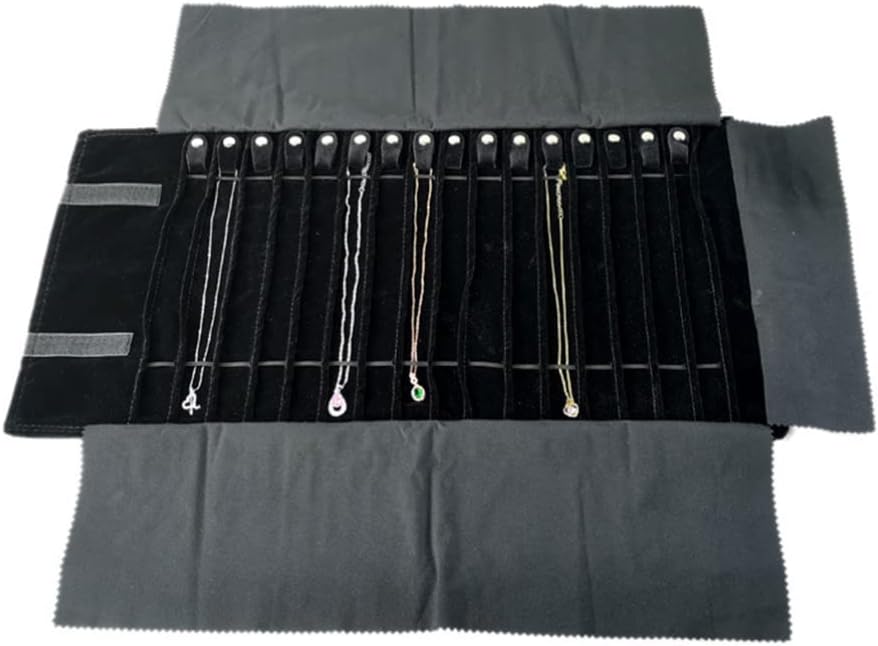 DOITOOL Jewelry Roll Organizer Travel Case: Travel Jewelry Case Roll Bag Organizer for Necklace Earrings Ring Bracelet, Jewelry Organizer, 16 Hook, Black