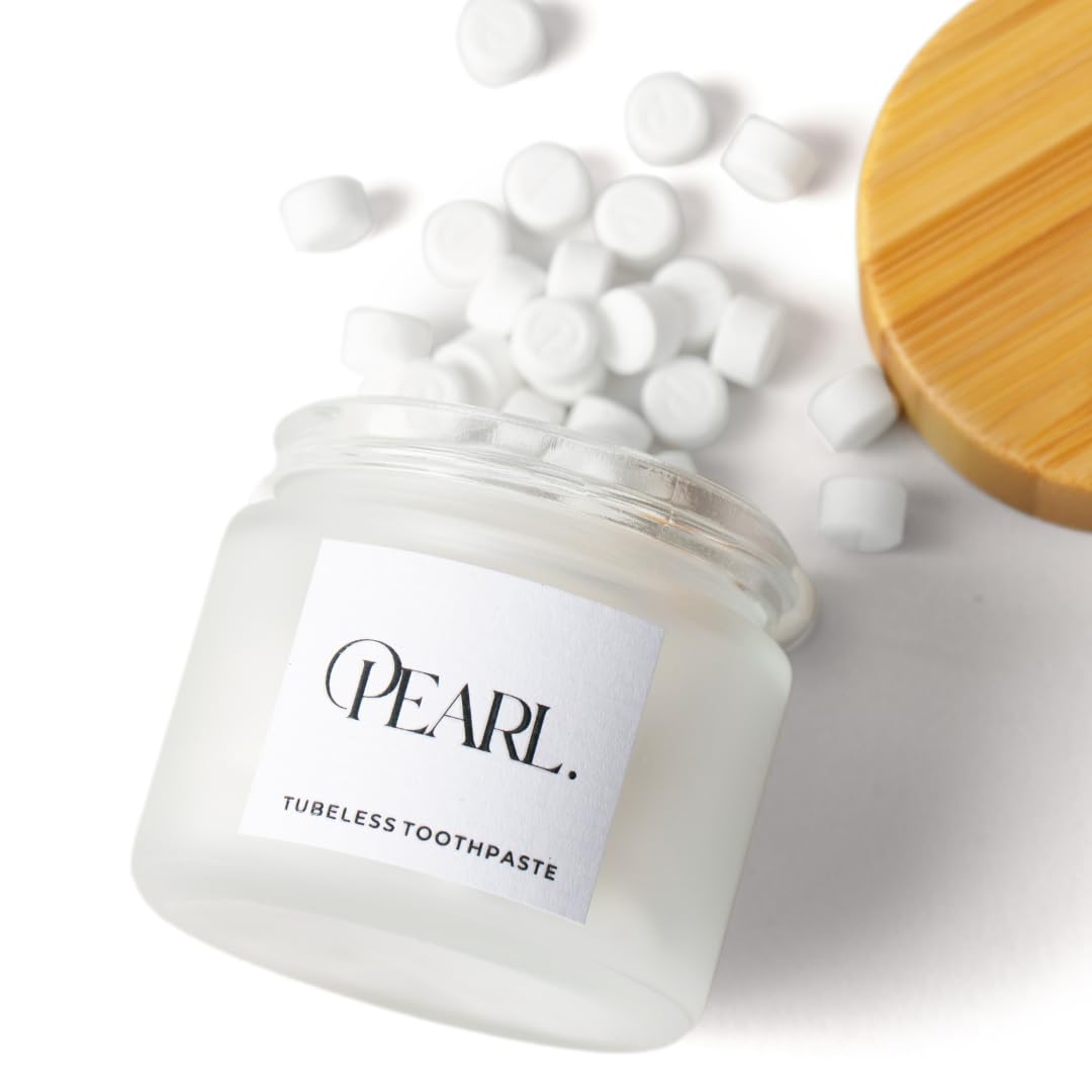 Starter Kit: The Pearl Jar & Fluoride Mint Toothpaste Tablets | Dentist Developed | Natural Whitening | TSA Approved | Reusable Packaging (Jar + 62 Tablets)