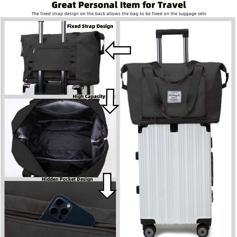 RichMoro Large Capacity Foldable Travel Bag, Expandable lightweight Carry on Bag, Dry with Wet Separation Spor Duffel Bags (Black)