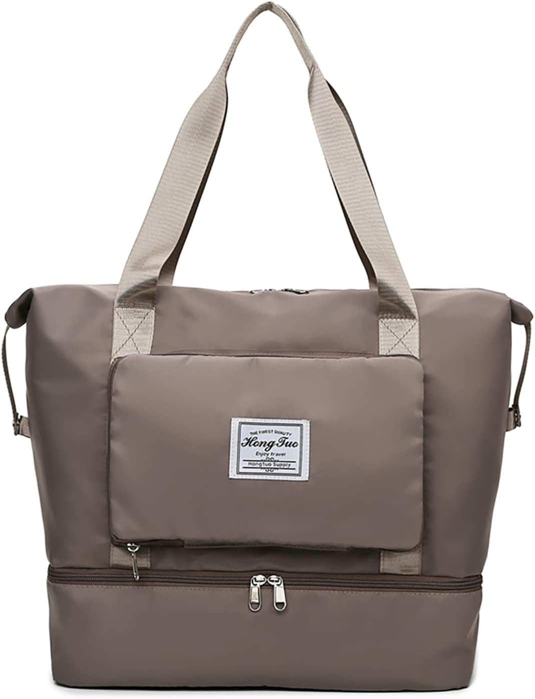 NWLR New Foldable Dry/Wet Separation Travel Duffel Bag with Shoe Compartment Large Capacity Folding Weekender Overnight Bag Lightweight Waterproof Gym Tote Bag (F-Khaki)