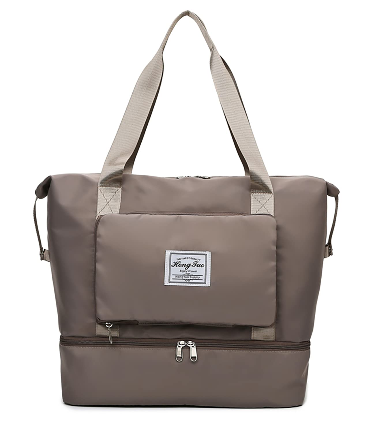 NWLR New Foldable Dry/Wet Separation Travel Duffel Bag with Shoe Compartment Large Capacity Folding Weekender Overnight Bag Lightweight Waterproof Gym Tote Bag (F-Khaki)