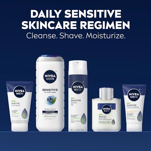 NIVEA MEN Sensitive Skin Care Set for Men, Face Wash, 5 Fl Oz + Body Wash, 16.9 Fl Oz + Shave Gel, 7 Oz + Soothing Post Shave Balm, 3.3 Fl Oz + Face Lotion SPF 15, 2.5 Fl Oz