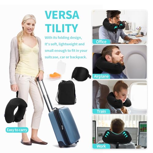 Glyzia Inflatable Travel Neck Pillow for Airplane, Head Support Velvet Adult Neck Pillow for Long Flight, Kit with Eye Mask, Earplugs and Storage Bag,1, Black