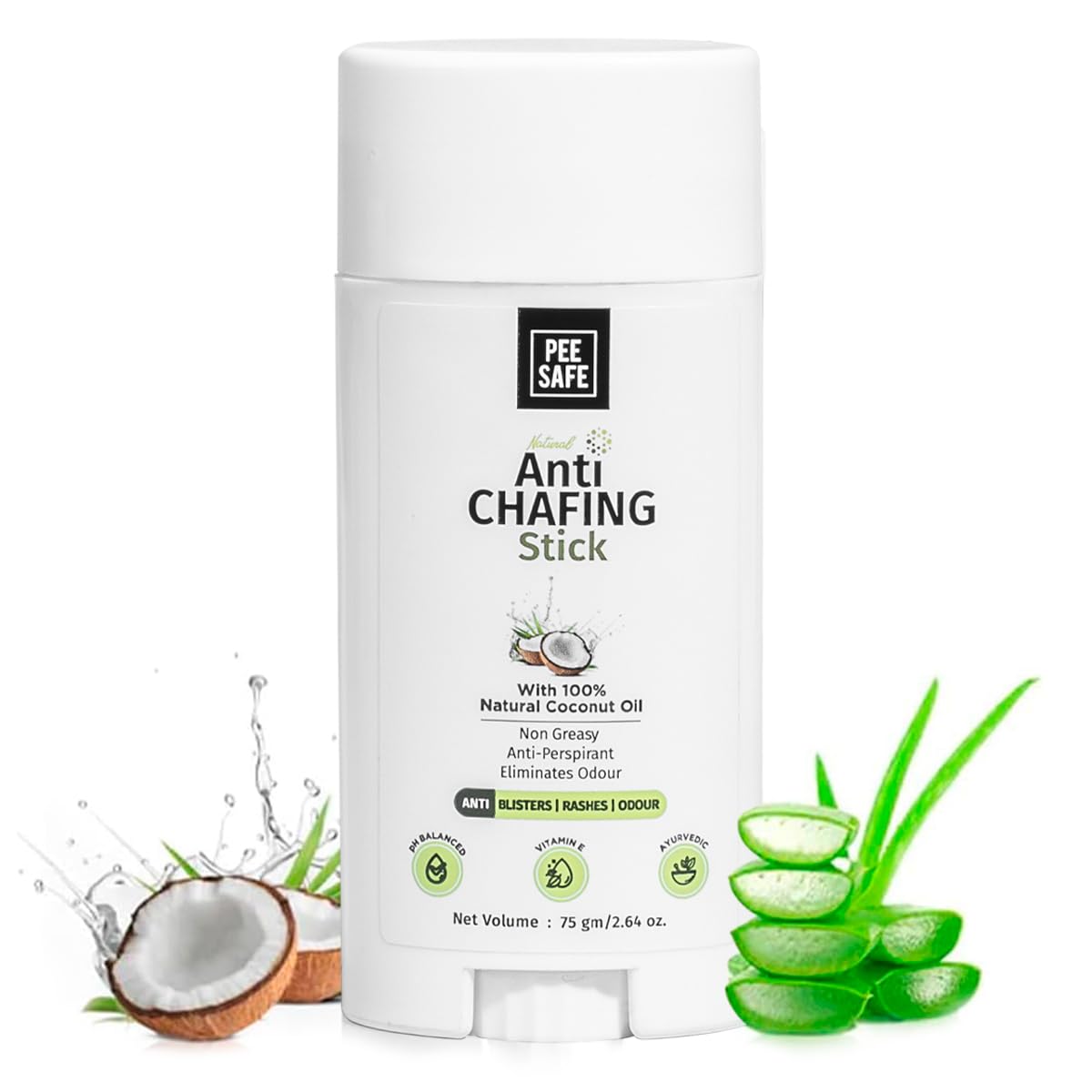 Pee Safe Anti Chafing Stick | With Natural Coconut Oil & Aloe Vera | Non Greasy Balm for Thigh, Underarm, Groin | pH Balanced Skin Protection for Men & Women | 2.65 Oz (75g)