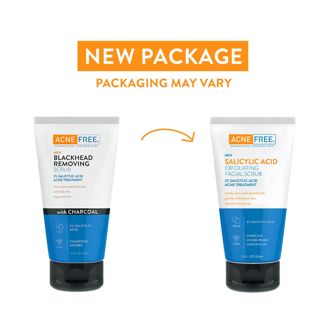 Acne Free Salicylic Acid Exfoliating Face Scrub, 2% BHA Blackhead Remover & Acne Treatment, Deep Cleanse with Charcoal & Jojoba Beads, Gentle Exfoliation with Ginger & Oats, 5 Ounce