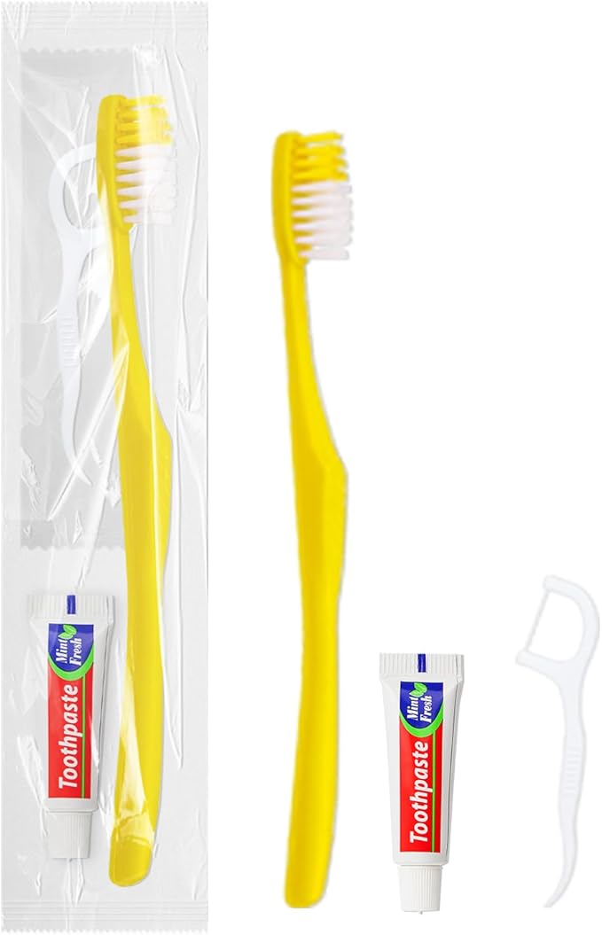 50 pcs Disposable Toothbrushes with Toothpaste and Floss,Yellow Bulk Single Use Toothbrush Floss Pick Individually Wrapped Disposable Travel Toothbrushes Kit for Homeless,Airbnb,Hotel,Guest