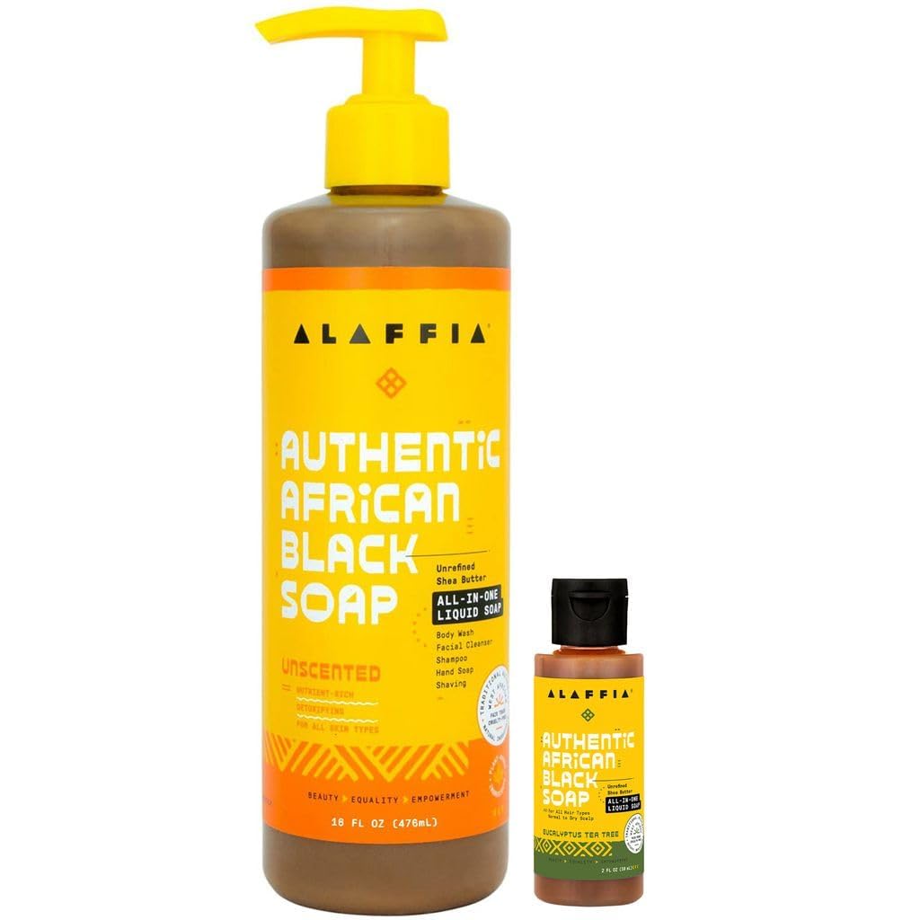 Alaffia Authentic African Black Soap Variety 2-Pack – All-In-One Liquid Soap, Travel-Size Eucalyptus Tea Tree + Pump Bottle Unscented Body Wash, Face Wash, Shampoo, Shaving Soap
