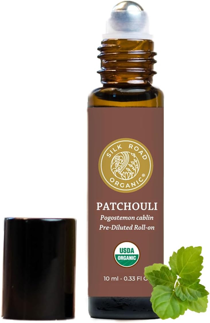 Silk Road Organic Patchouli Essential Oil Roll On, 100% Pure USDA Certified Aromatherapy - Uplift Mood, Enhance Attraction, Rejuvenate & Nourish Skin - 10 ml Roller