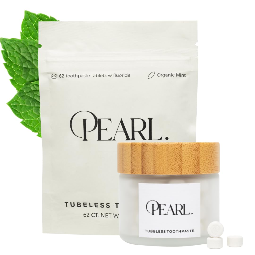 Starter Kit: The Pearl Jar & Fluoride Mint Toothpaste Tablets | Dentist Developed | Natural Whitening | TSA Approved | Reusable Packaging (Jar + 62 Tablets)