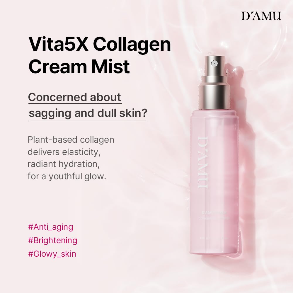 D'AMU Collagen Cream Face Mist – Hydrating & Brightening Facial Spray with Vita 5X Multi-Vitamin Complex for Elasticity Care & Radiant Glow – Korean Skincare Gift for Women – 3.38 fl.oz.