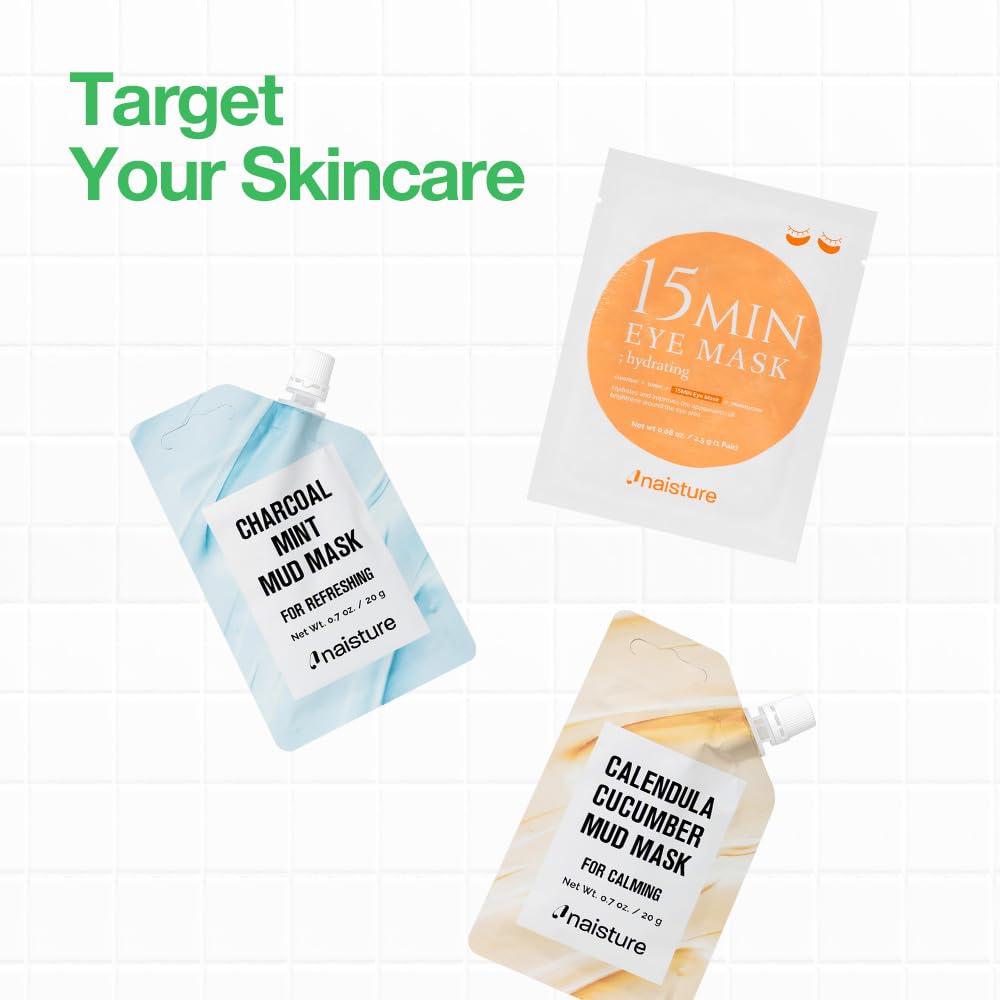 15 Min Rescue Me Kit by Naisture – Korean Spa and Skincare Kit for Women with Cica, Turmeric, and Tea Tree Sheet Masks, Eye Mask, Calendula Cucumber Mask, and Charcoal Mint Mud Mask for Redness Repair