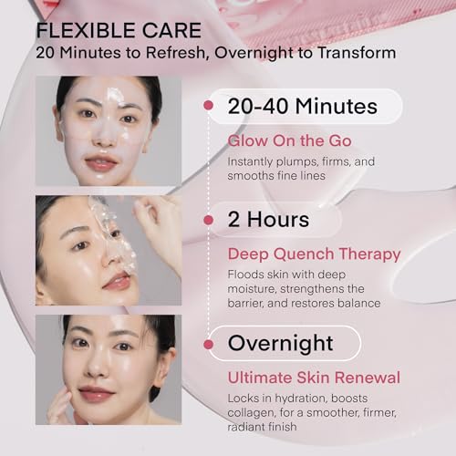 TEREZ & HONOR Collagen Face Mask: Korean Real Deep Bio Hydrogel Overnight Masks for Deep Hydration, Glowing, Pore Minimizing, Elasticity, 4 x 33g Fragrance-Free, 100 Da Ultra-Low Molecular Collagen
