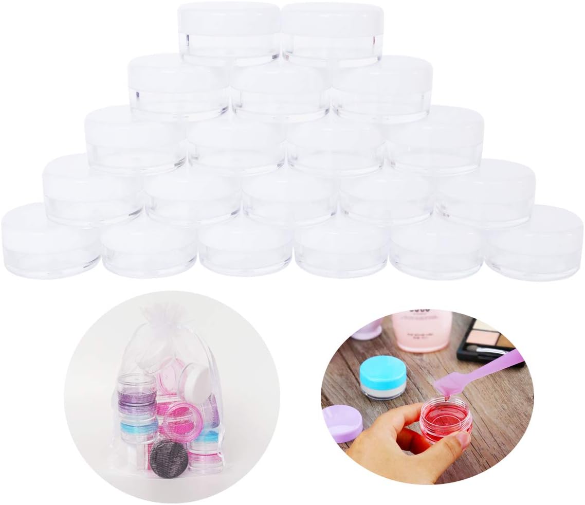 Wopanxye 20pcs 5g Small Travel Sample Cosmetic Containers for Make-up Eye Shadow Nails Lotion Powder Gems Beads Jewelry Cream, 5ml Clear Round Pot Jars with White Lid, Mini 5ml Plastic Sample Jars