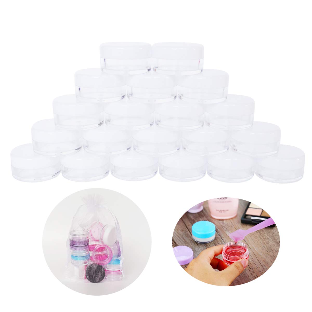 Wopanxye 20pcs 5g Small Travel Sample Cosmetic Containers for Make-up Eye Shadow Nails Lotion Powder Gems Beads Jewelry Cream, 5ml Clear Round Pot Jars with White Lid, Mini 5ml Plastic Sample Jars