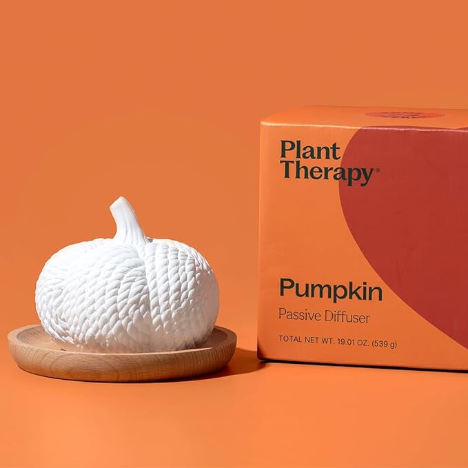 Plant Therapy Pumpkin Passive Diffuser for Fall, Porous, Unglazed Pumpkin & Natural Beech Wood Base, Add Essential Oils for a Soft Scent, Fun & Cheerful Holiday Décor