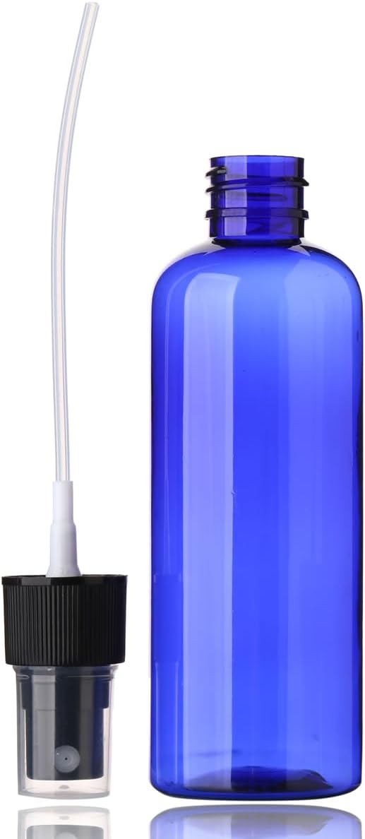 SINIDE Empty Spray Bottles 100 ml/3.4 oz, Blue Plastic Fine Mist Mini Travel Bottle Set, Portable Refillable Makeup Sprayer Containers for Perfume, Liquids, Aromatherapy, Cleaning Solution (4 Pack)