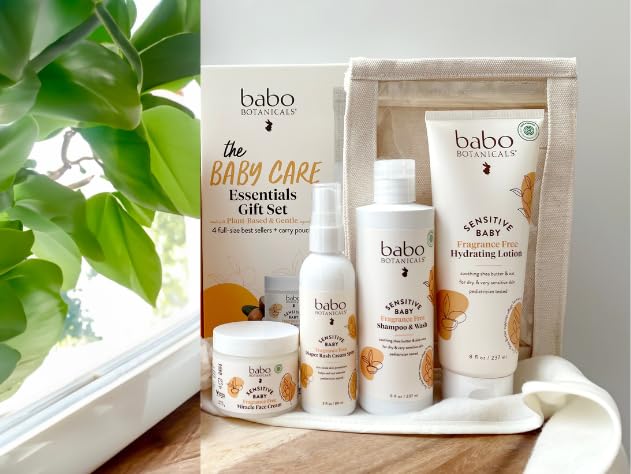 Babo Botanicals Baby Care Essentials Gift Set - Skincare, Bath & Diaper - For Delicate Skin, Fragrance-Free with Shea Butter, Includes Reusable Carry Pouch - Natural & Plant Based - 5 Items Set