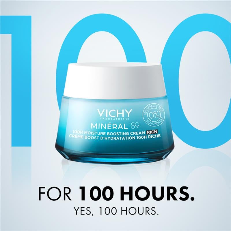 Vichy Mineral 89 Cream, 100H Rich Fragrance Free Moisture Boosting Cream + Mineral 89 Booster 50ml, Hydrating Face Moisturizer Set with Hyaluronic Acid & Niacinamide