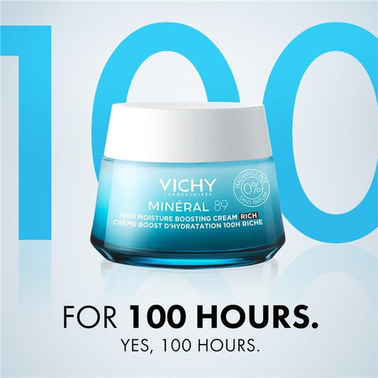 Vichy Mineral 89 Cream, 100H Rich Fragrance Free Moisture Boosting Cream + Mineral 89 Booster 50ml, Hydrating Face Moisturizer Set with Hyaluronic Acid & Niacinamide