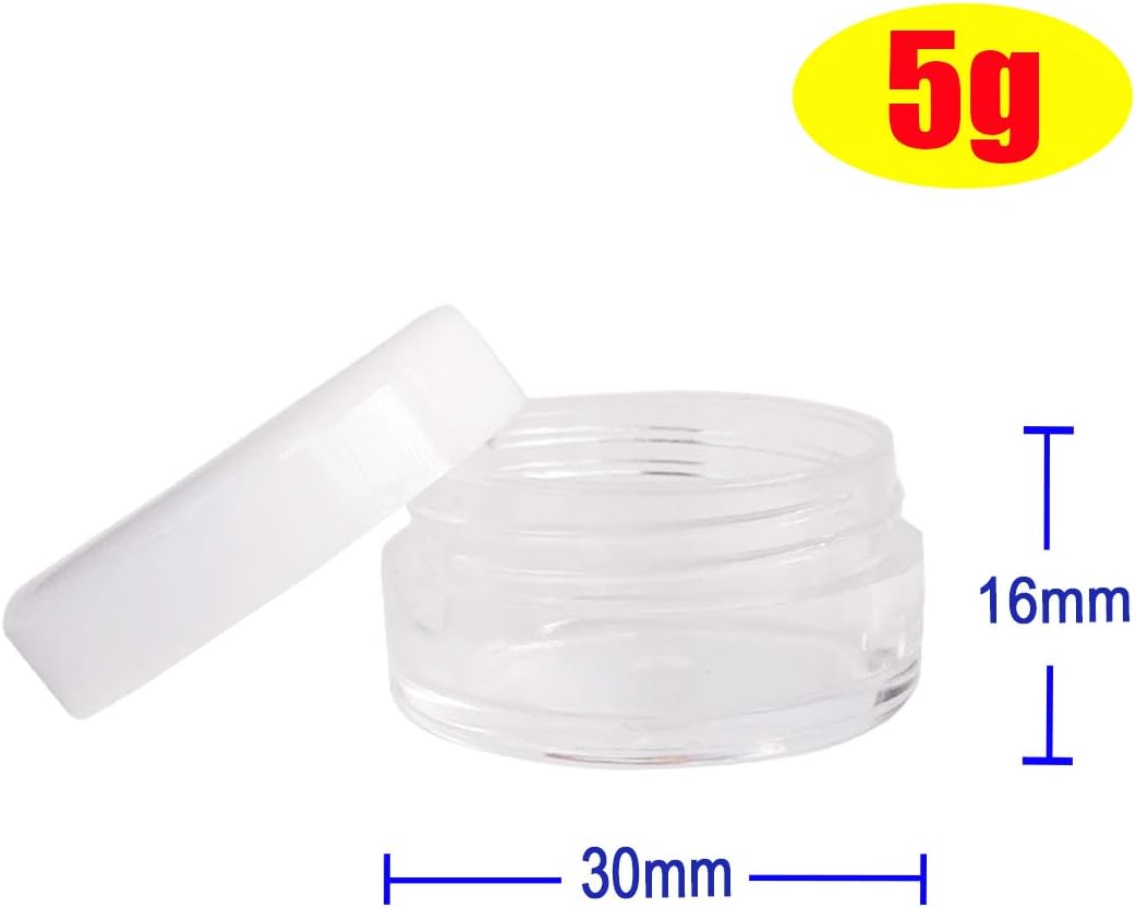 Wopanxye 20pcs 5g Small Travel Sample Cosmetic Containers for Make-up Eye Shadow Nails Lotion Powder Gems Beads Jewelry Cream, 5ml Clear Round Pot Jars with White Lid, Mini 5ml Plastic Sample Jars