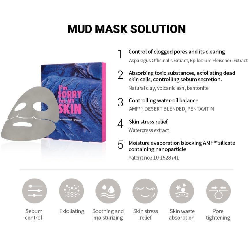 I'M SORRY FOR MY SKIN Bentonite Clay Mud Sheet Masks Set, Korean Skin Care, Exfoliating Face Masks with Volcanic Ash, Sebum Control, Pore Minimizer, Tightening, Soothing (Black 2pcs & Green 2pcs)