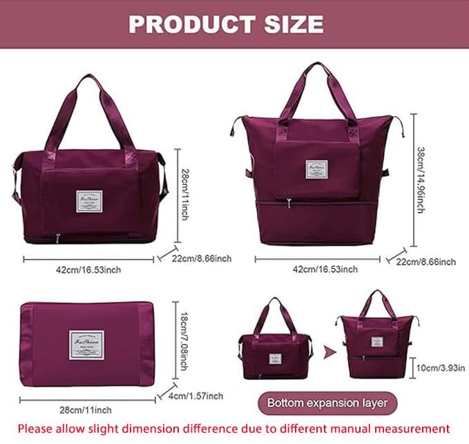 Large Capacity Folding Travel Bag, Lightweight Waterproof Luggage Bag, Expandable Travel Duffel Bag, Dry Wet Separated Gym Tote Bag, Weekender Overnight Bags for Women and Man (Fuchsia)