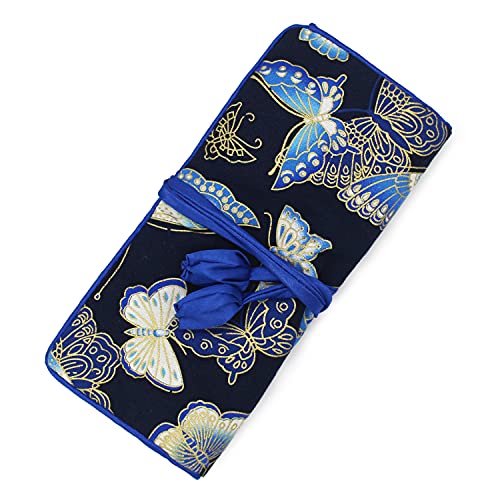 Wei Long Jewelry Roll,Travel Jewelry Roll Bag,Silk Embroidery Brocade Jewelry Organizer Case with Tie Close (Butterfly,Dark Blue)