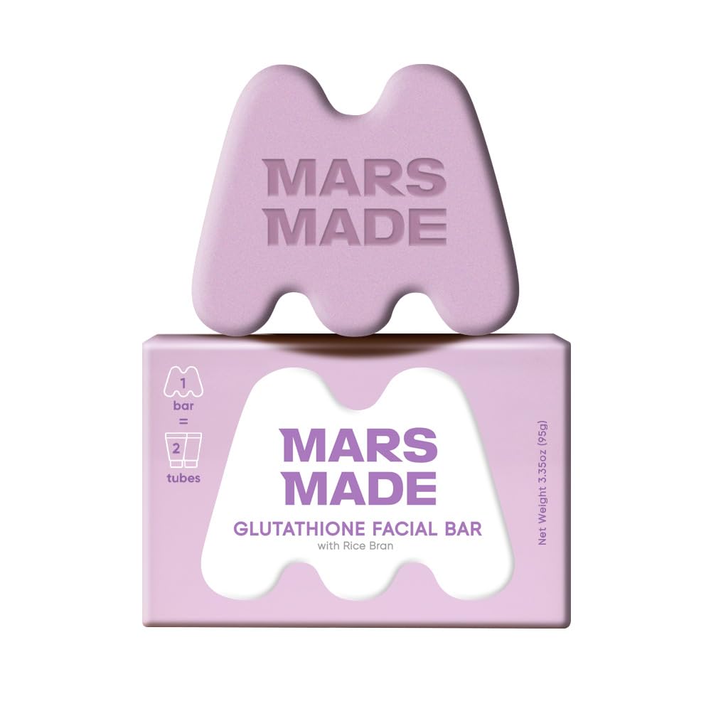 MARS MADE Glutathione Facial Bar with Rice Bran - Smoothing & Moisturizing Face Wash Soap Bar for All Skin Types - Vegan & Travel-Friendly Korean Skincare (95g, 3.35 oz)