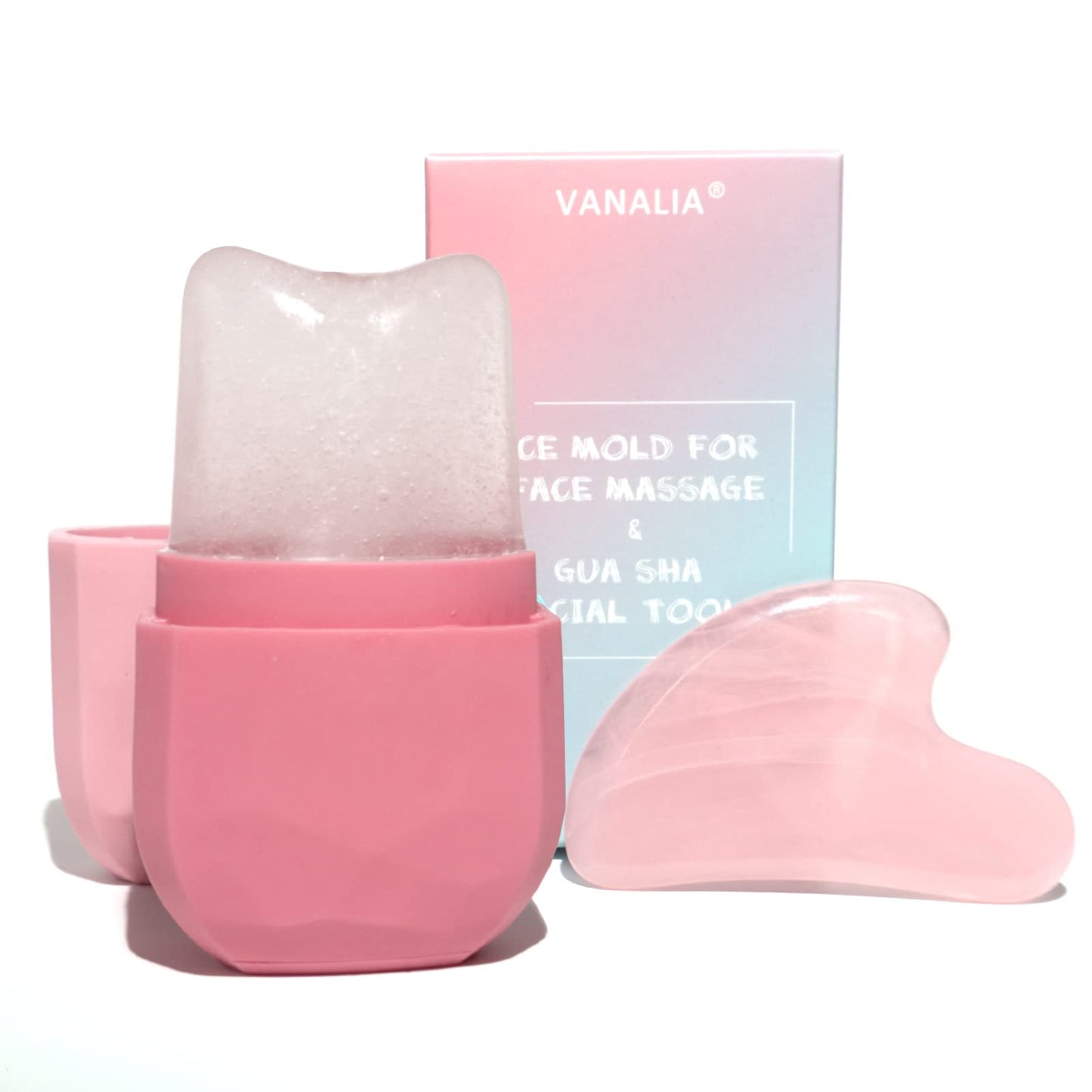 VANALIA Ice Roller and Gua Sha Set for Face, Eyes and Neck - Skin Care Beauty Tools to Brighten Skin and Enhance Natural Glow (Pink)