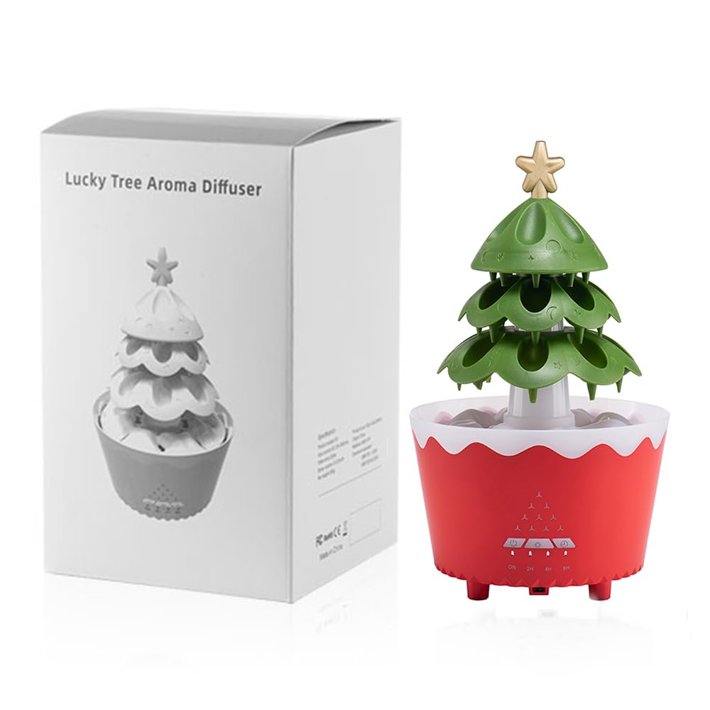 Rain Cloud Essential Oil Diffusers Rotatable,Water Drip Rain Lucky Tree Humidifier Night Light with 7 Changing Colors for Relaxing Mood Water Drop Sound (yellow red)