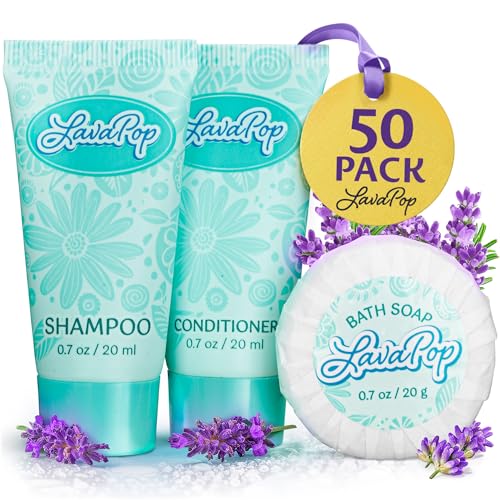LavaPop - Hotel Soap, Shampoo & Conditioner 3-Piece Set - Iris, Violet & Amber, 0.7 oz each, 150 Pcs - Calming & Comforting Travel Size Amenities - Bulk Toiletries for Airbnb, Motels & Guest Rooms